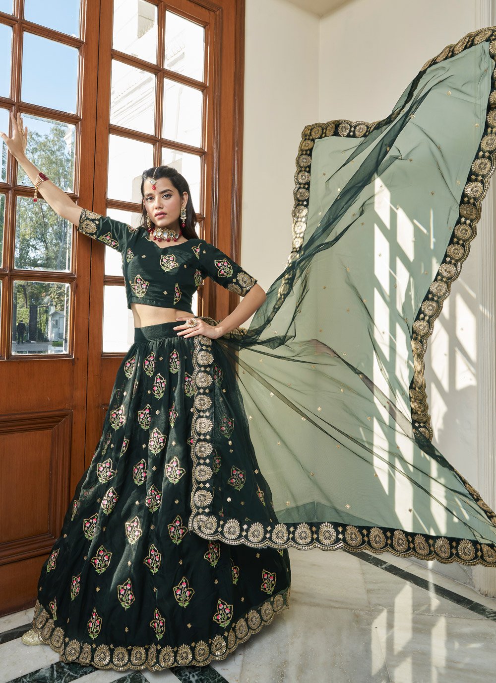 A Line Lehenga Organza Green Embroidered Lehenga Choli