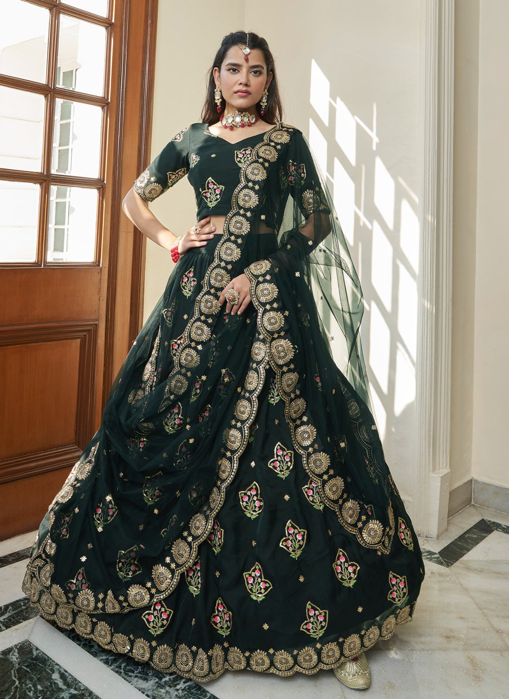 A Line Lehenga Organza Green Embroidered Lehenga Choli