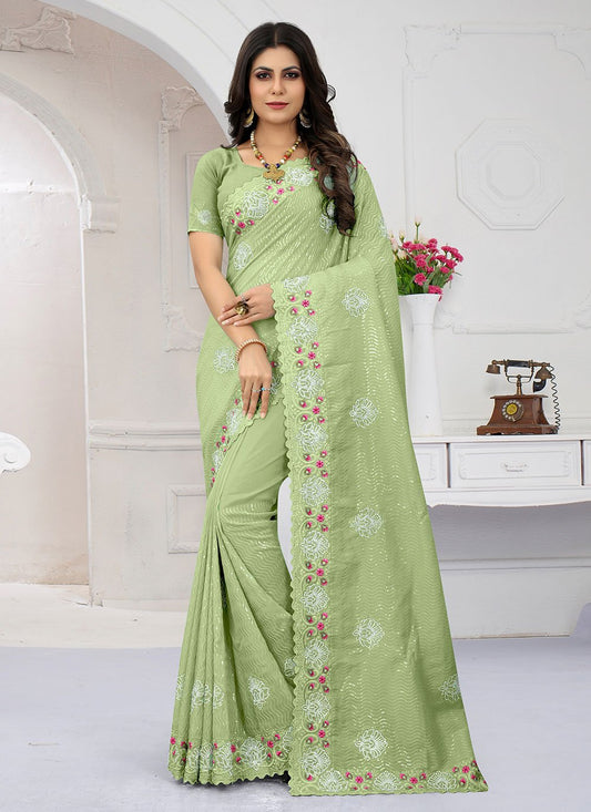 Contemporary Organza Green Embroidered Saree