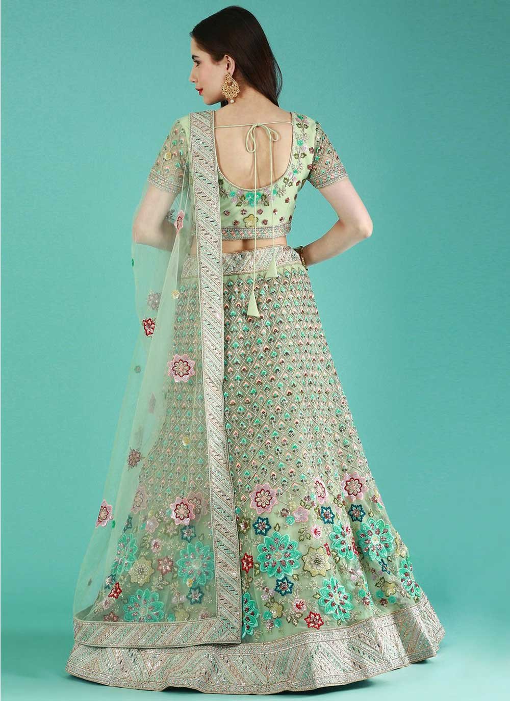 Lehenga Choli Net Green Embroidered Lehenga Choli