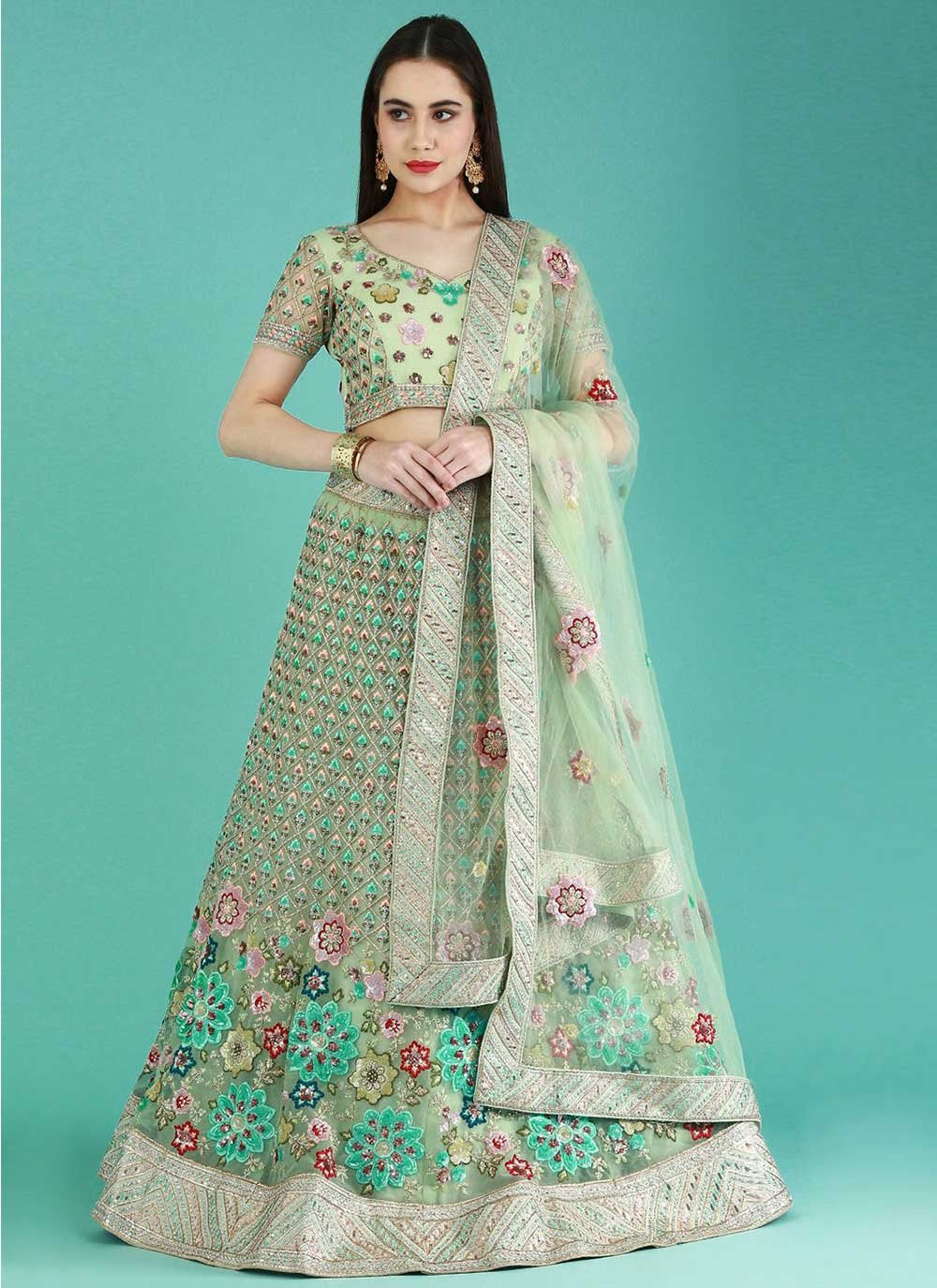 Lehenga Choli Net Green Embroidered Lehenga Choli