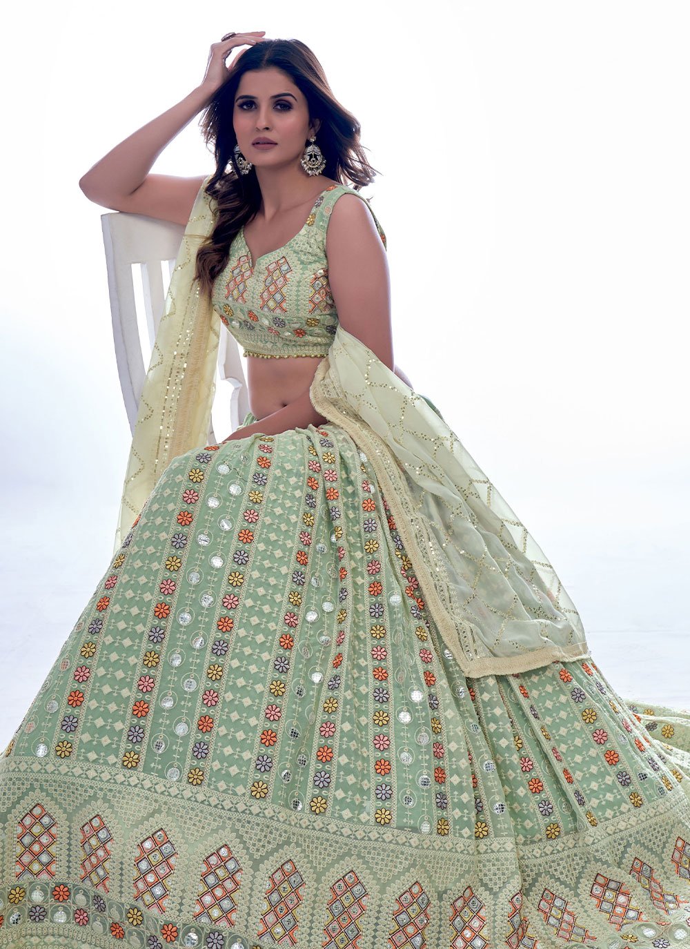 Lehenga Choli Georgette Green Sequins Lehenga Choli