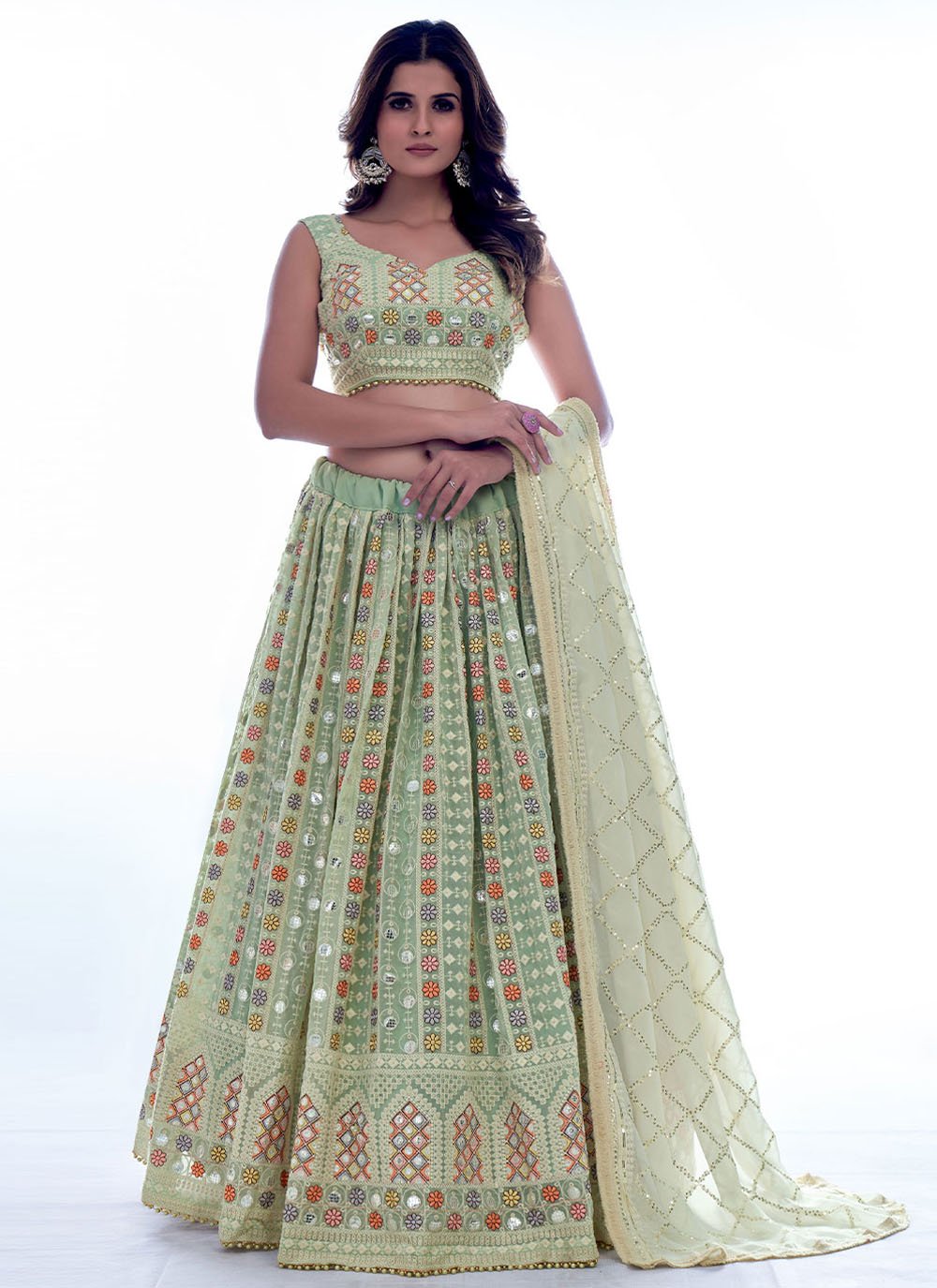 Lehenga Choli Georgette Green Sequins Lehenga Choli