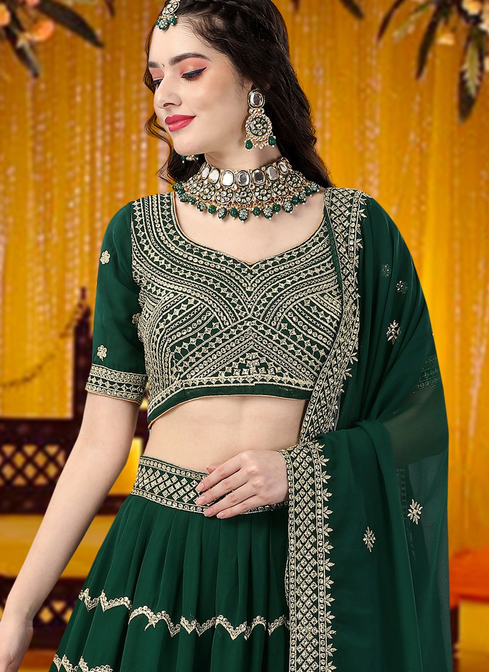 Lehenga Choli Georgette Green Embroidered Lehenga Choli