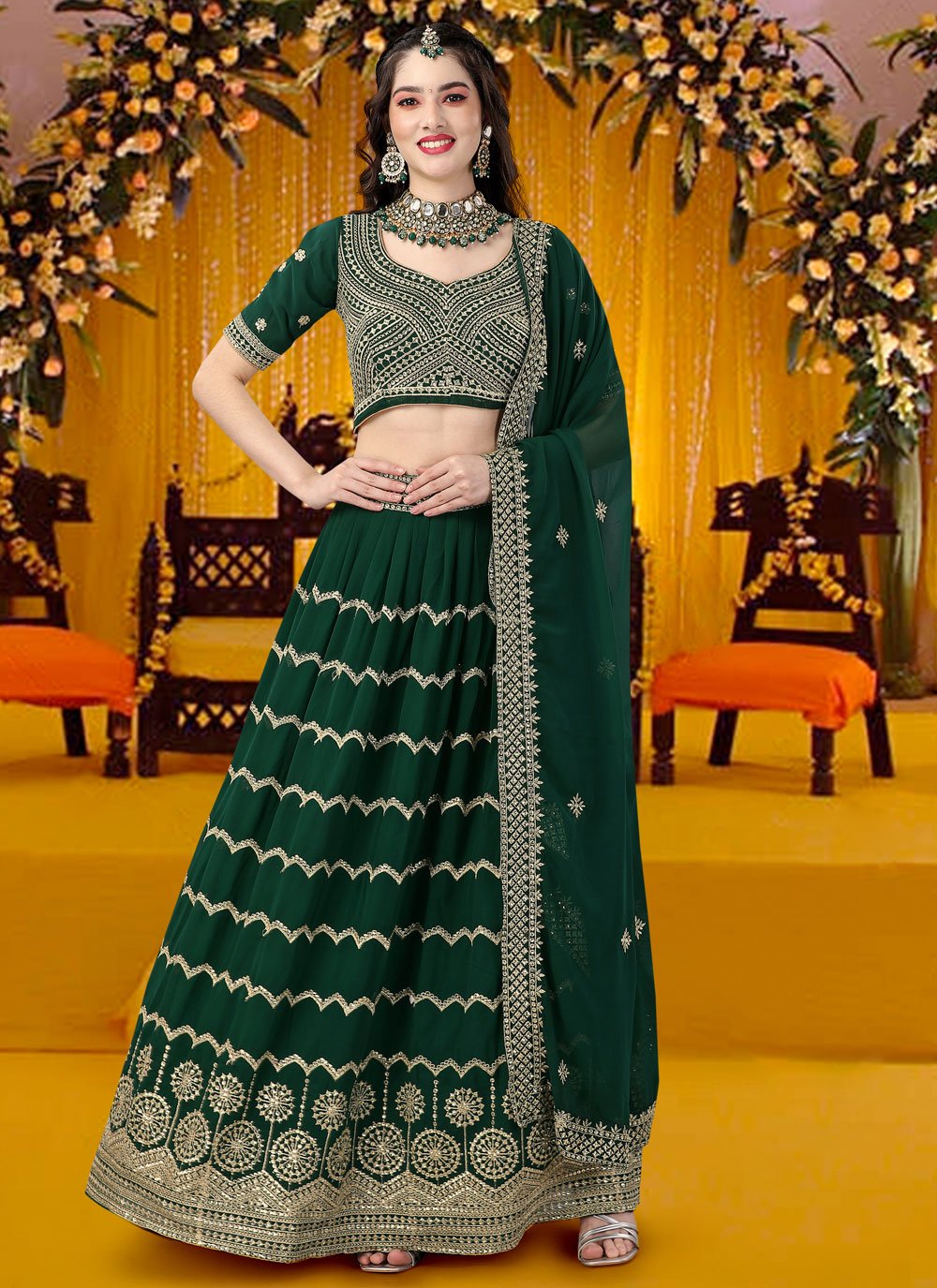 Lehenga Choli Georgette Green Embroidered Lehenga Choli