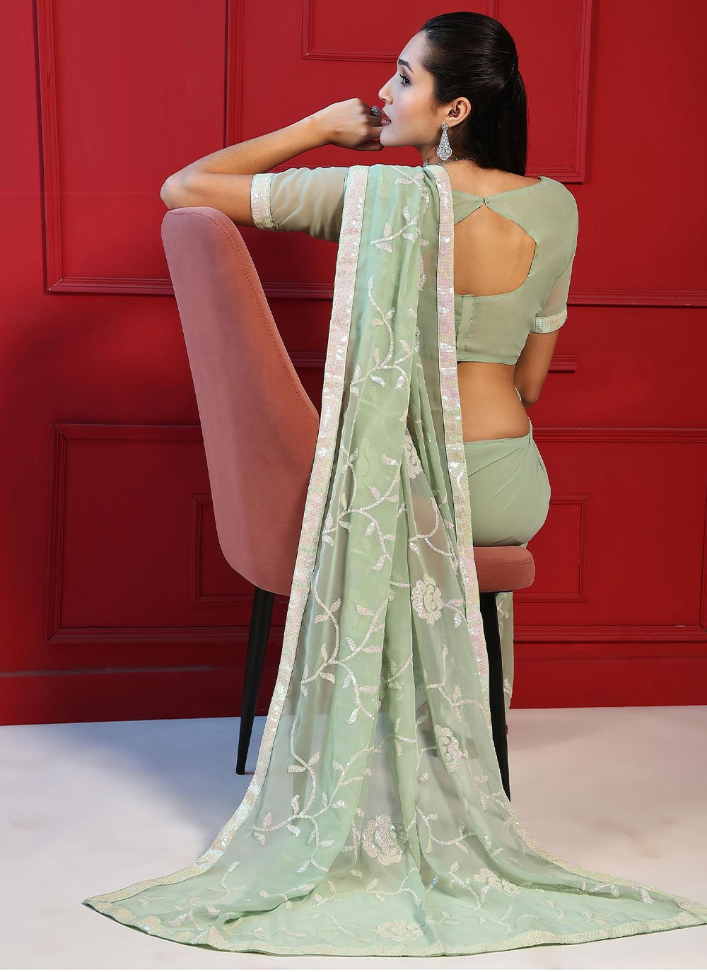 Trendy Saree Georgette Green Embroidered Saree