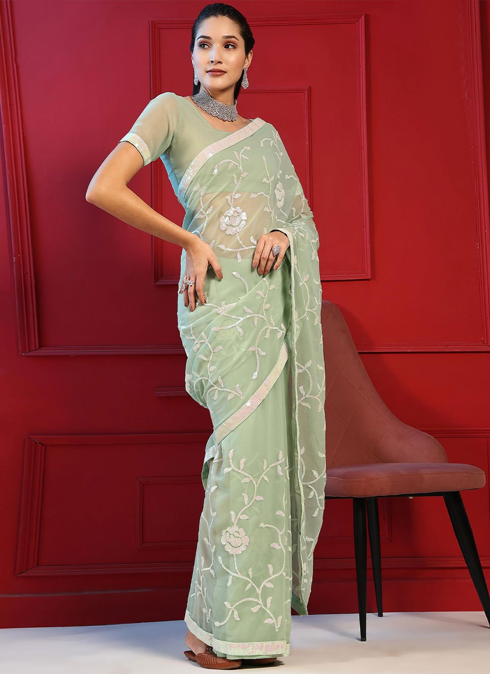 Trendy Saree Georgette Green Embroidered Saree