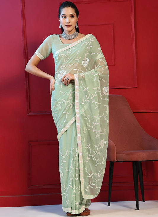 Trendy Saree Georgette Green Embroidered Saree