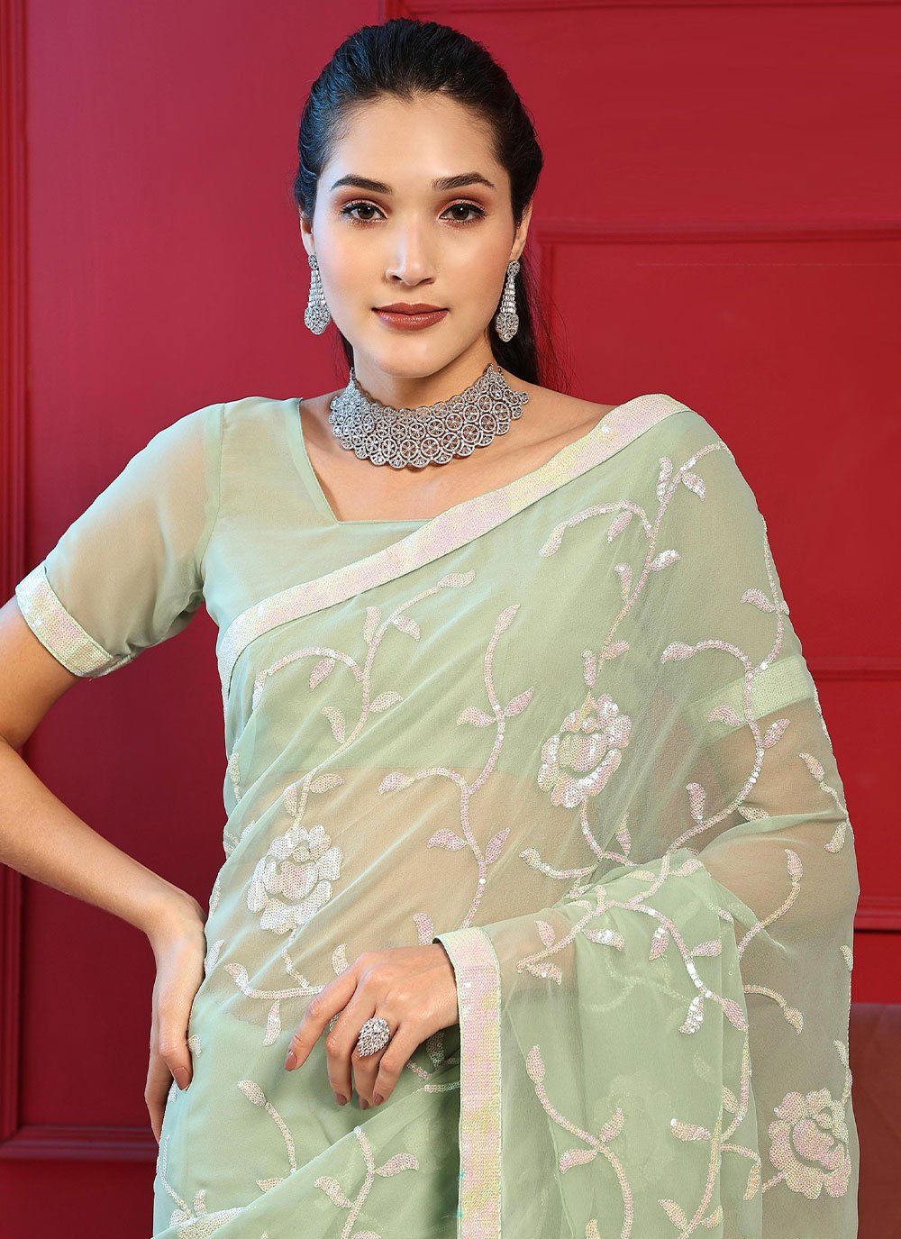 Trendy Saree Georgette Green Embroidered Saree