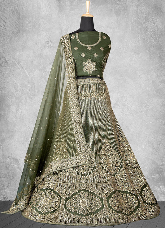 Lehenga Choli Velvet Green Cord Work Lehenga Choli