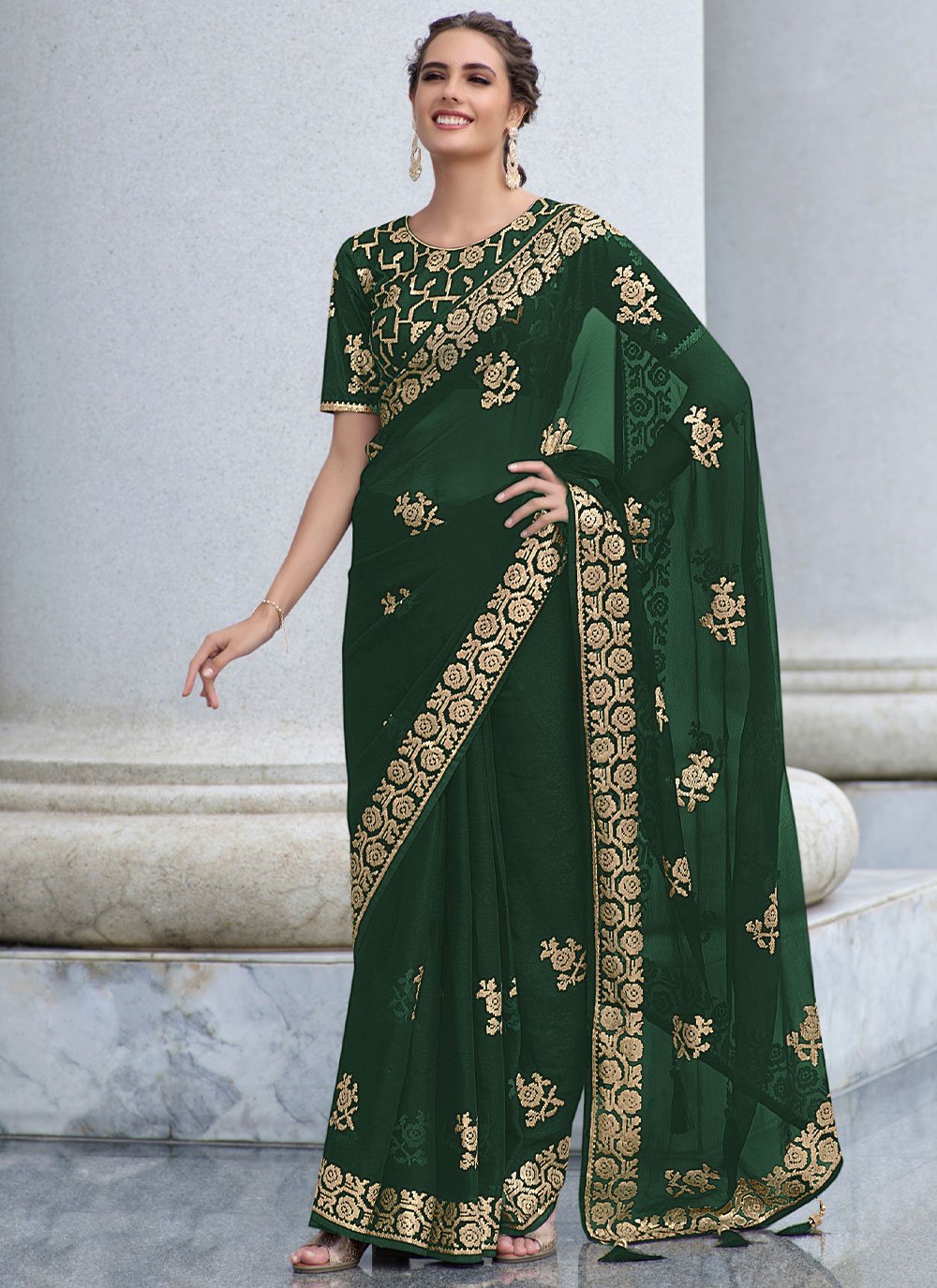 Classic Shimmer Georgette Green Sequins Saree