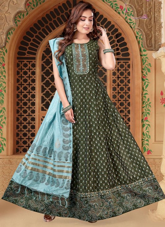 Anarkali Suit Silk Green Embroidered Salwar Kameez