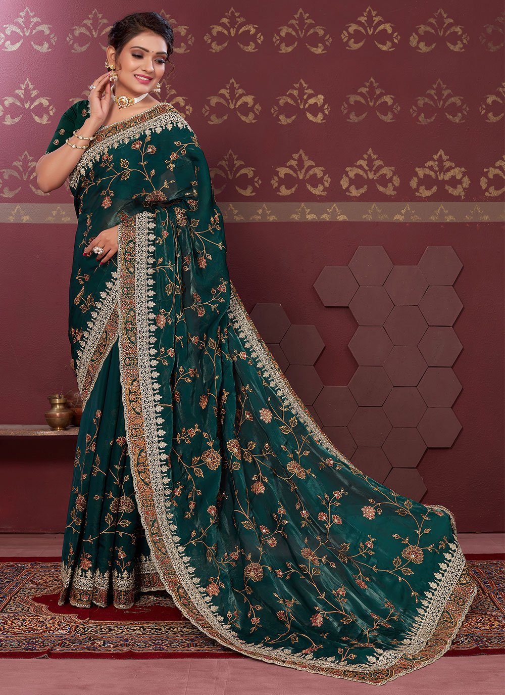 Trendy Saree Silk Blend Green Embroidered Saree