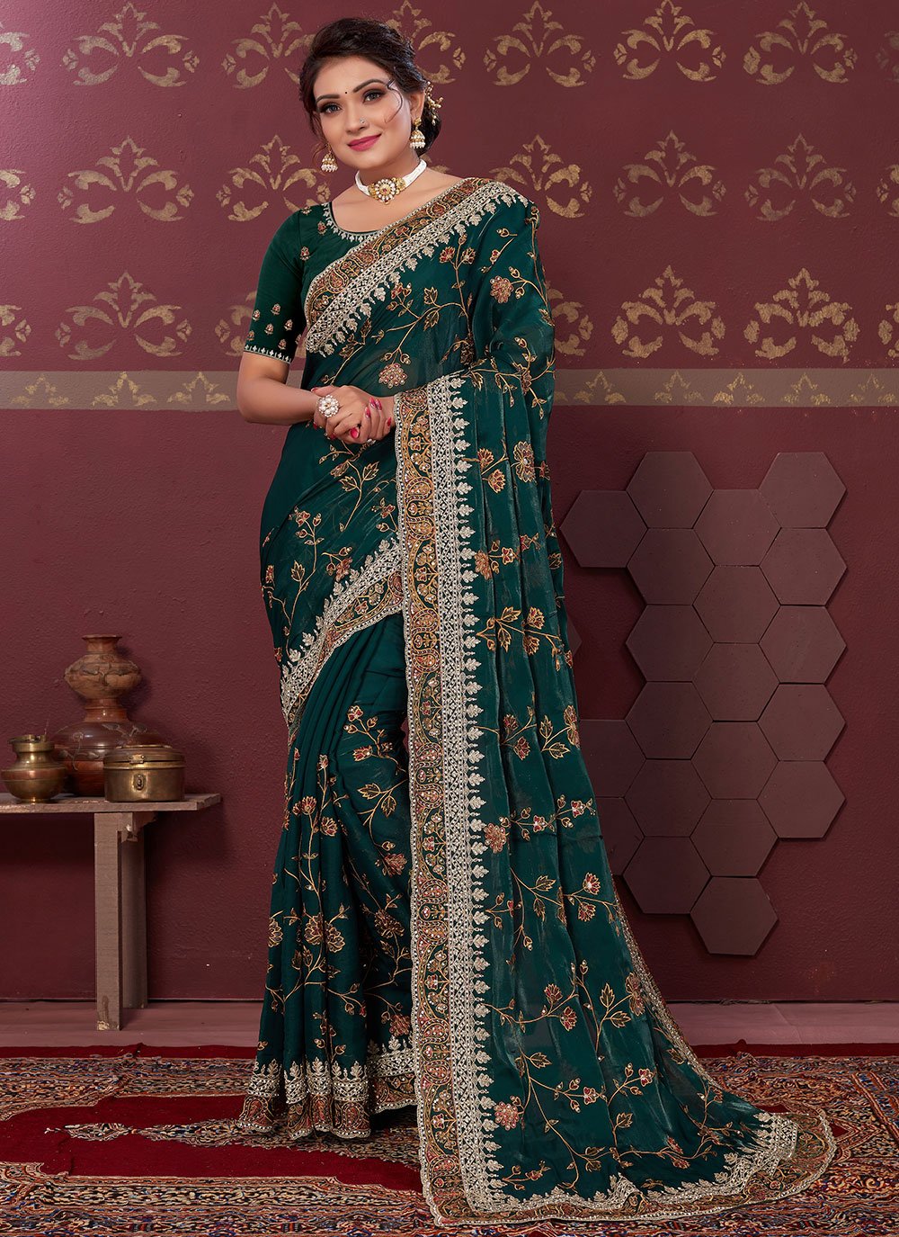 Trendy Saree Silk Blend Green Embroidered Saree