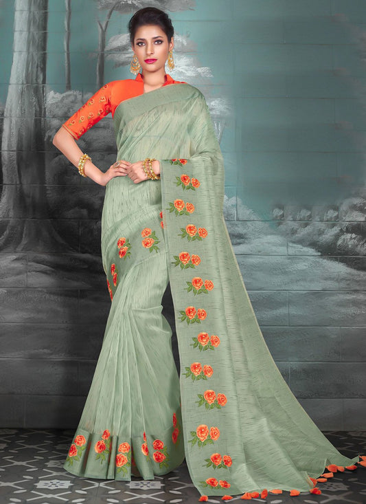 Classic Silk Tissue Green Embroidered Saree