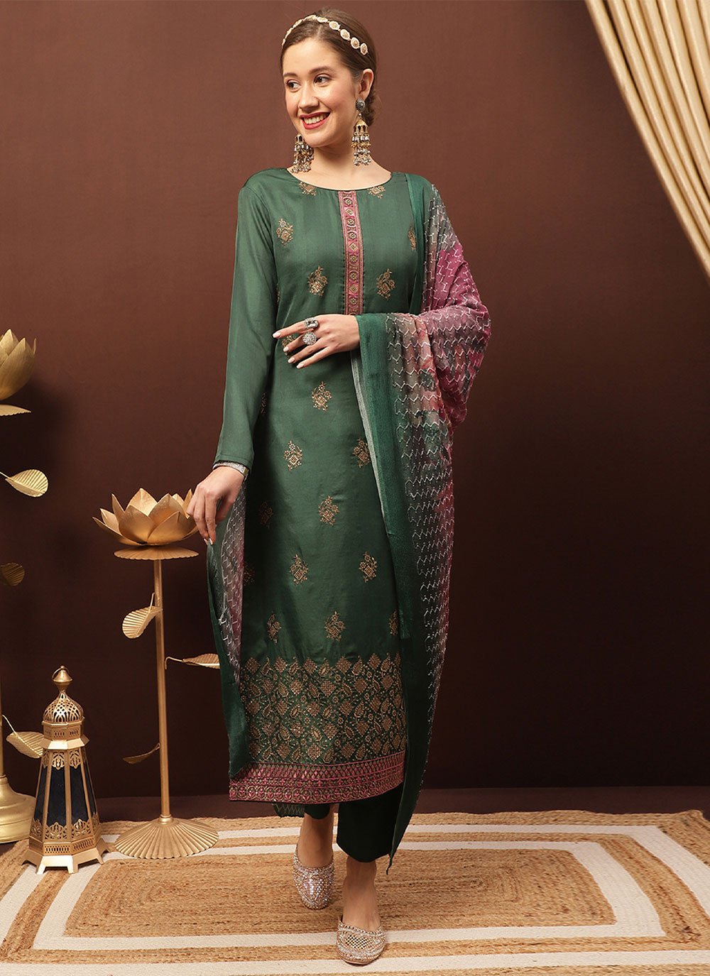 Salwar Suit Silk Green Embroidered Salwar Kameez