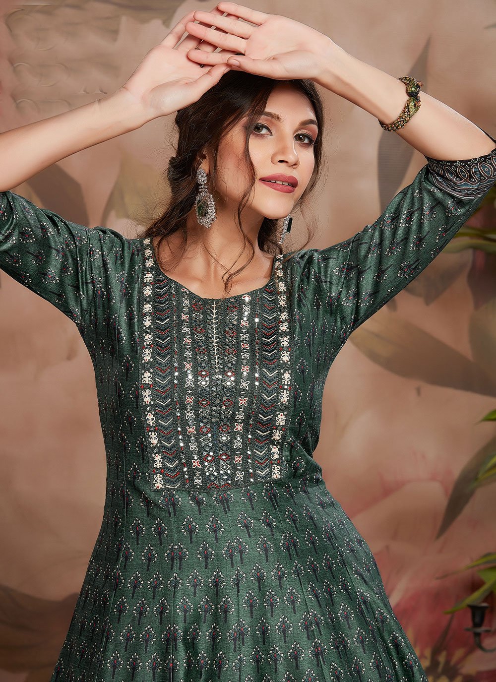 Designer Gown Silk Green Digital Print Gown