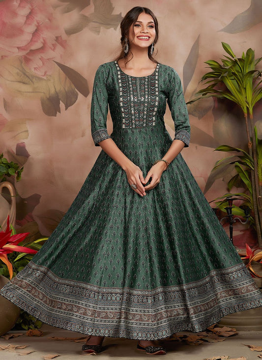 Designer Gown Silk Green Digital Print Gown