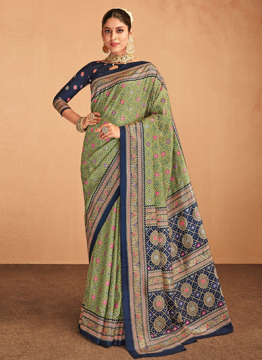 Designer Silk Green Foil Print Saree