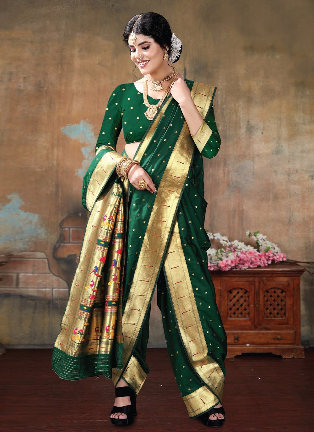 Designer Silk Green Patch Border Saree