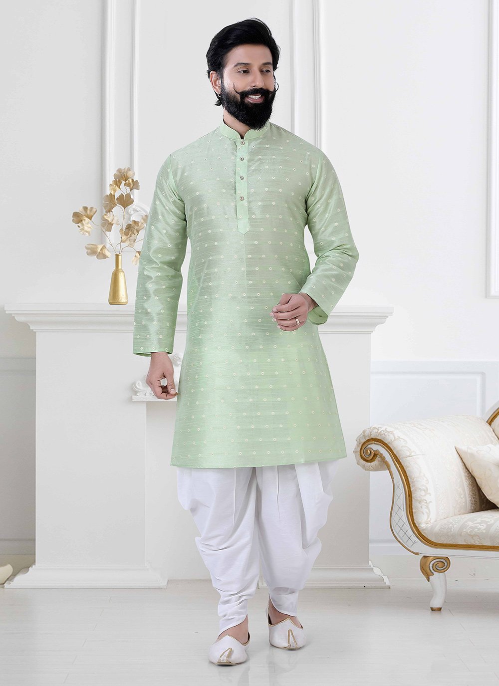 Dhoti Kurta Silk Green Fancy Work Mens