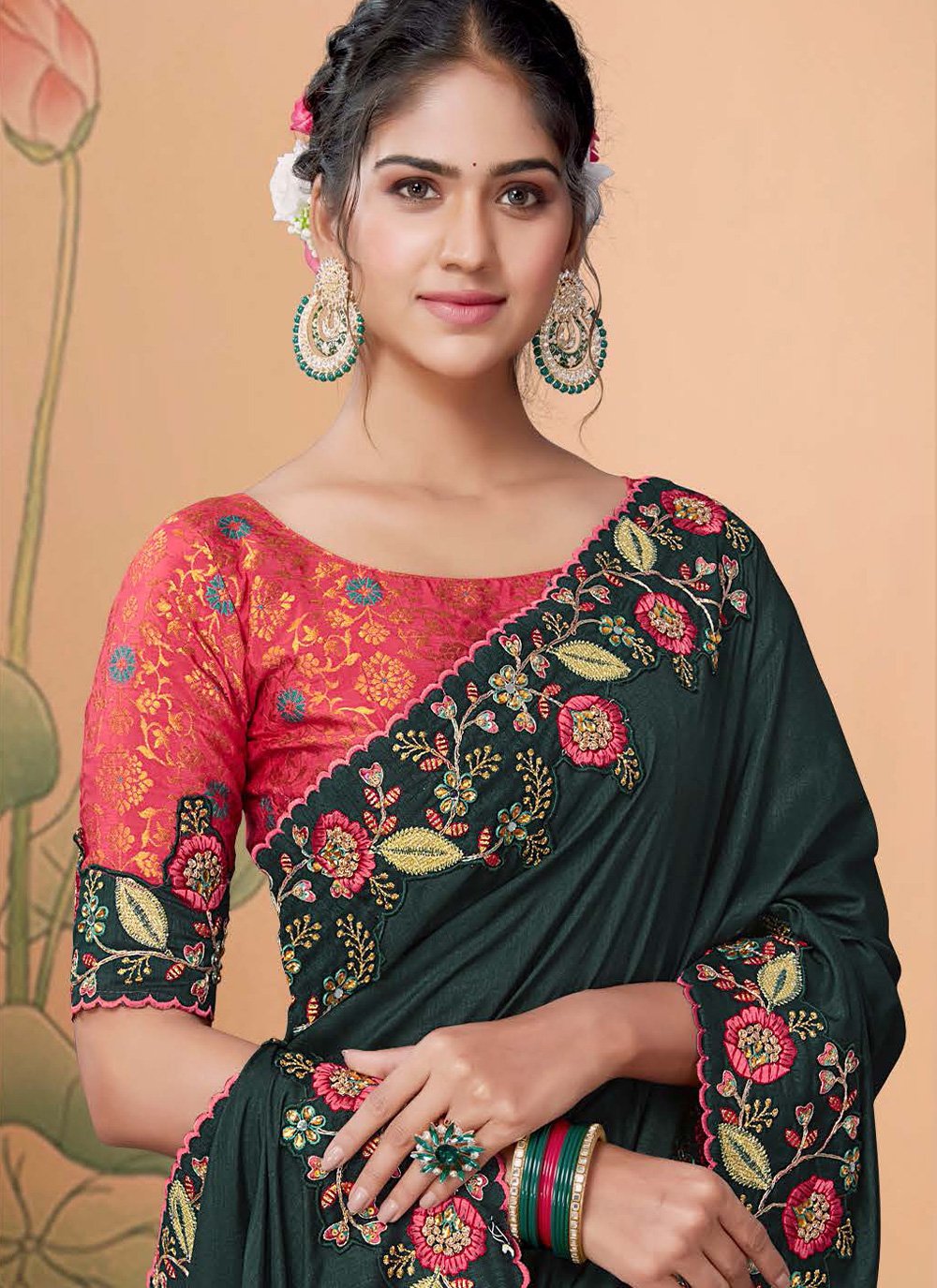 Designer Silk Green Embroidered Saree