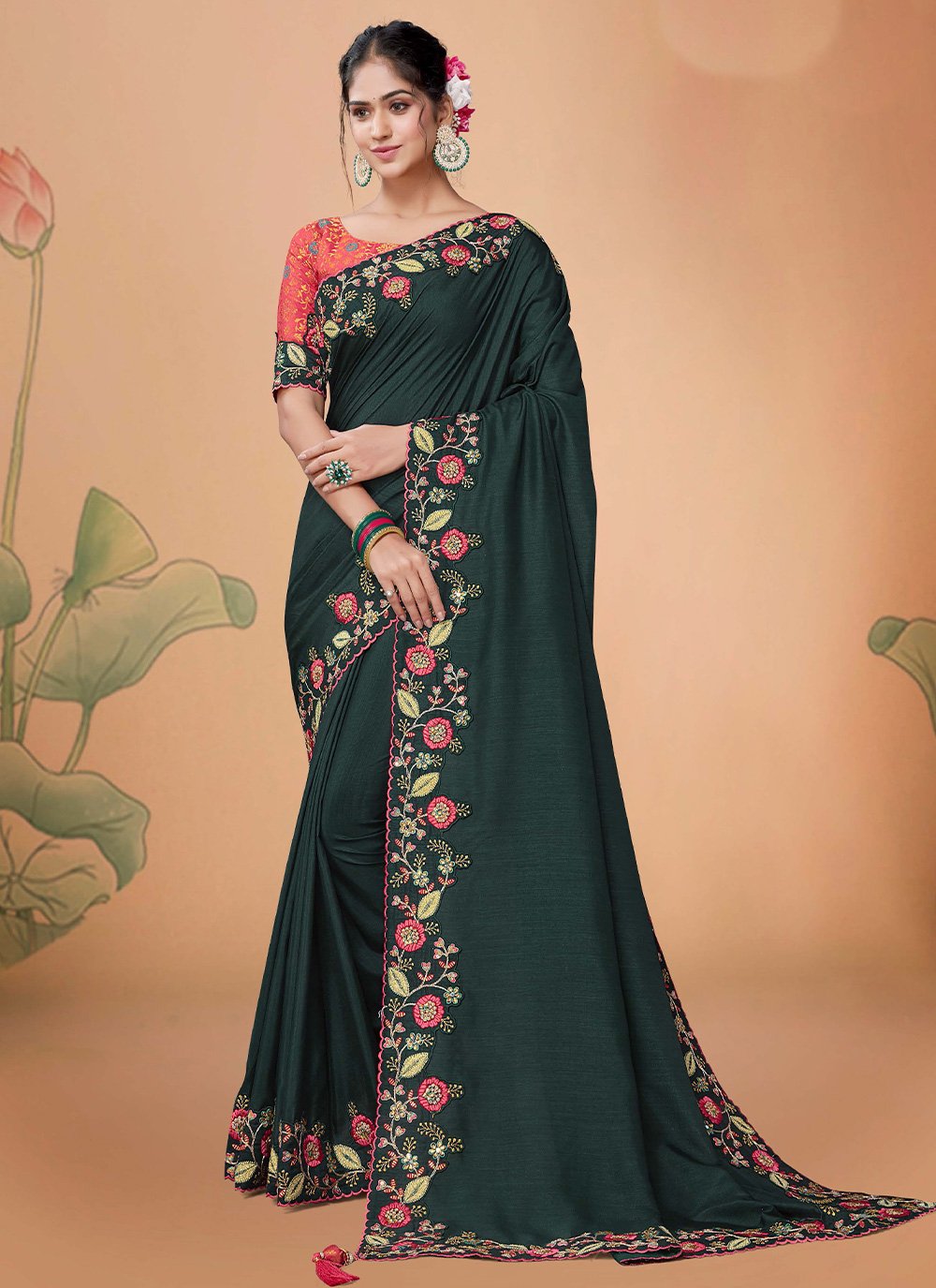 Designer Silk Green Embroidered Saree