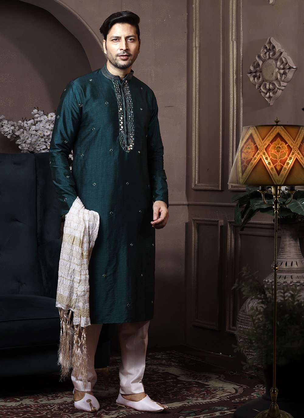 Kurta Pyjama Silk Green Embroidered Mens