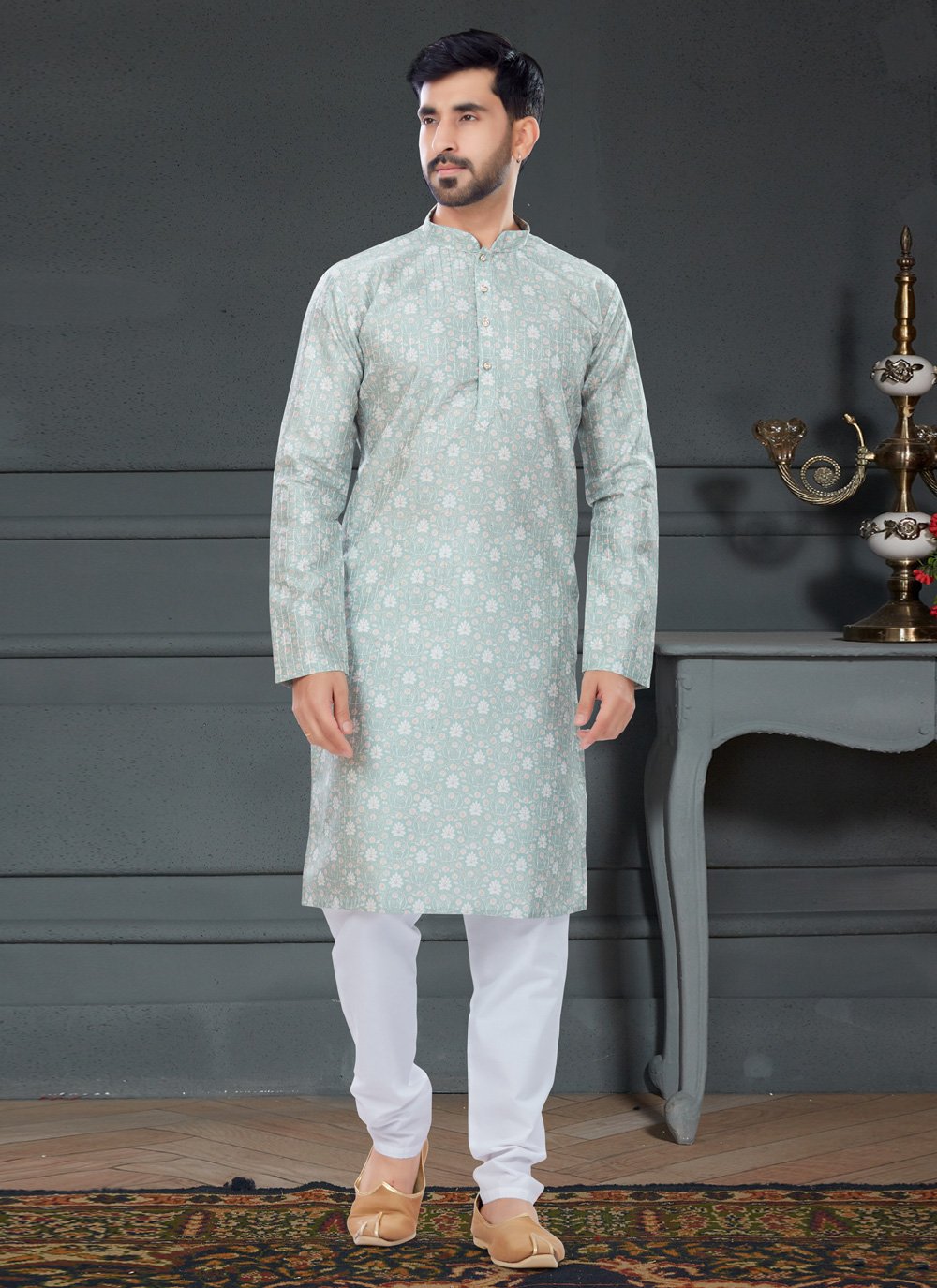 Kurta Pyjama Silk Green Digital Print Mens