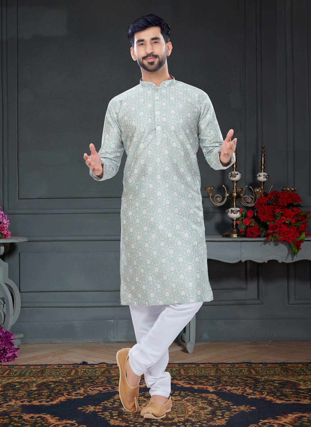 Kurta Pyjama Silk Green Digital Print Mens