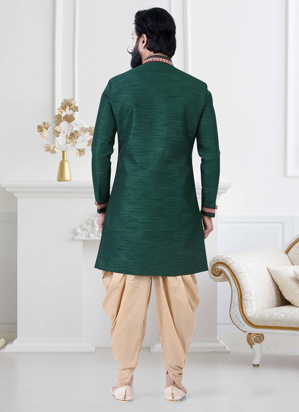 Indo Western Silk Green Lace Mens