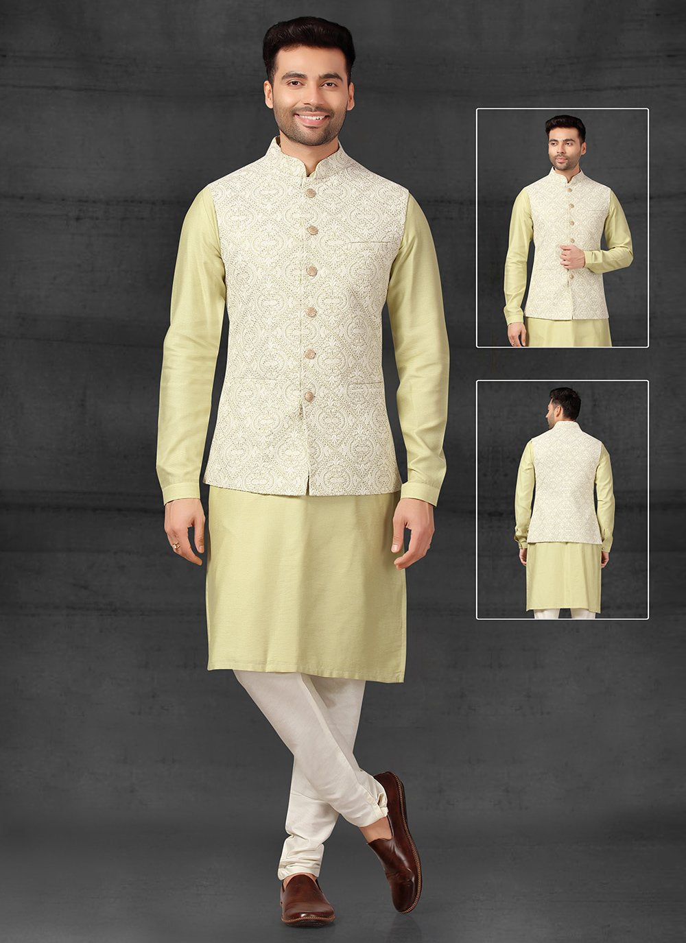 Kurta Payjama With Jacket Silk Green Lucknowi Work Mens