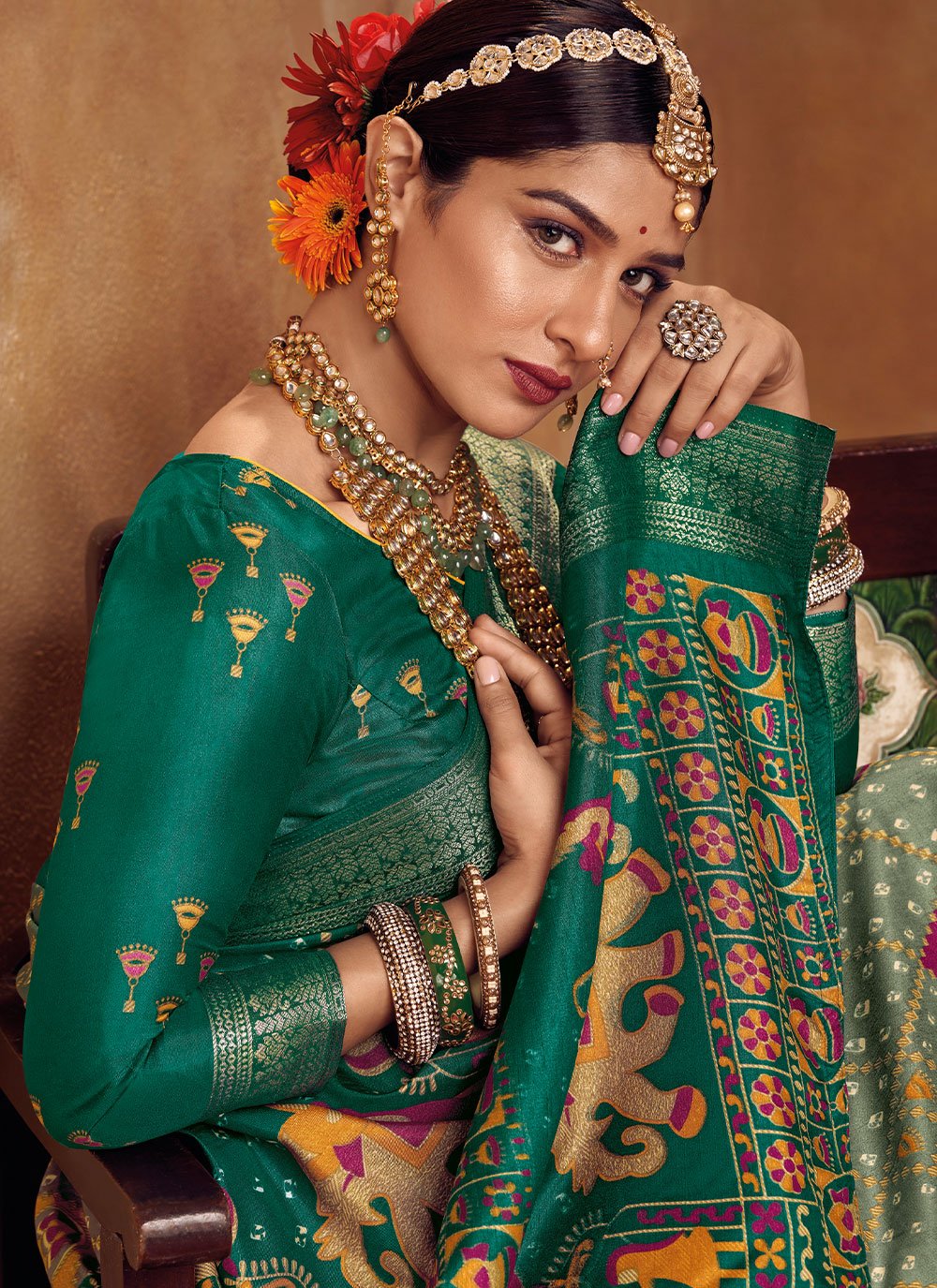 Classic Silk Green Foil Print Saree