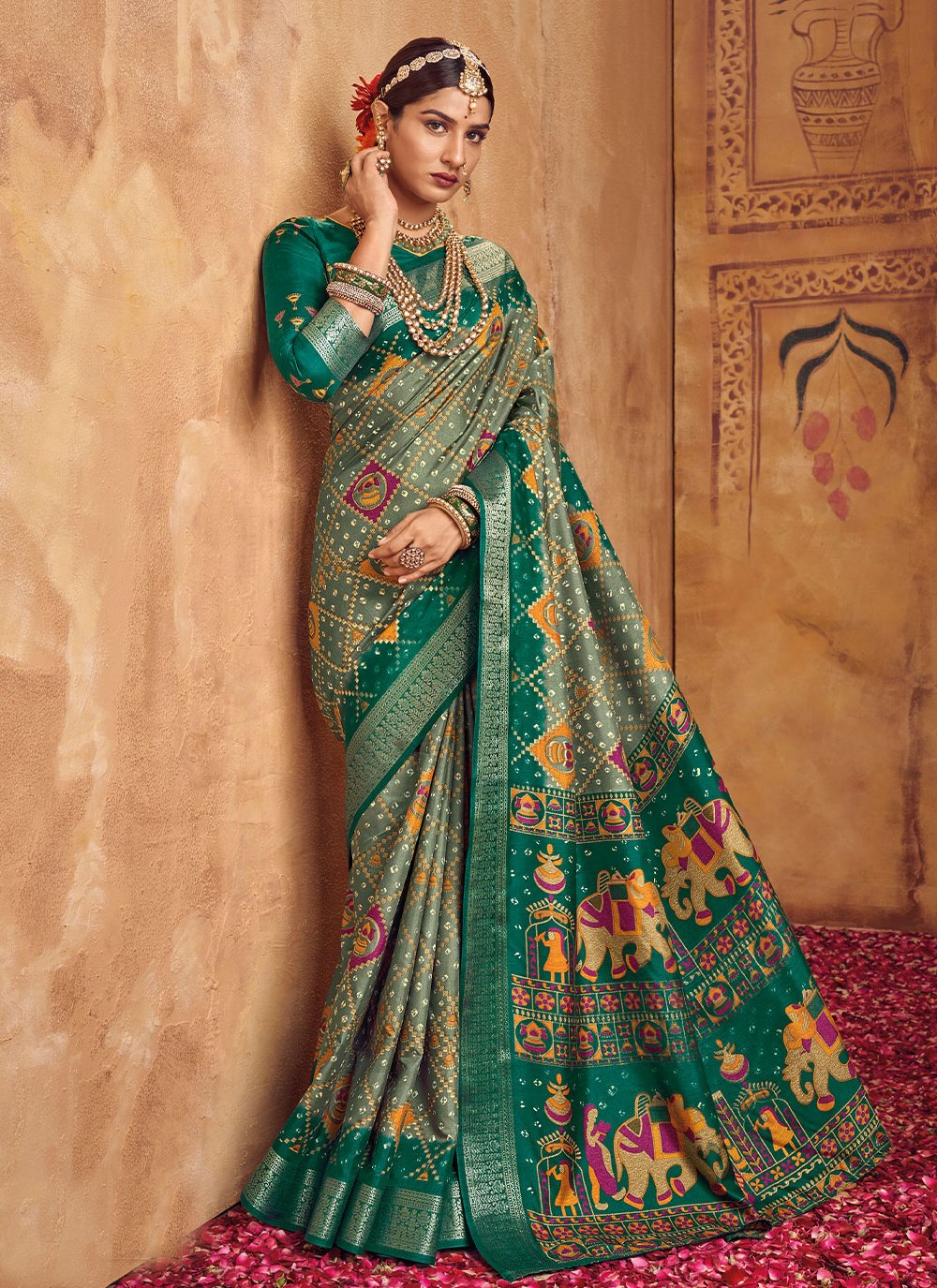 Classic Silk Green Foil Print Saree