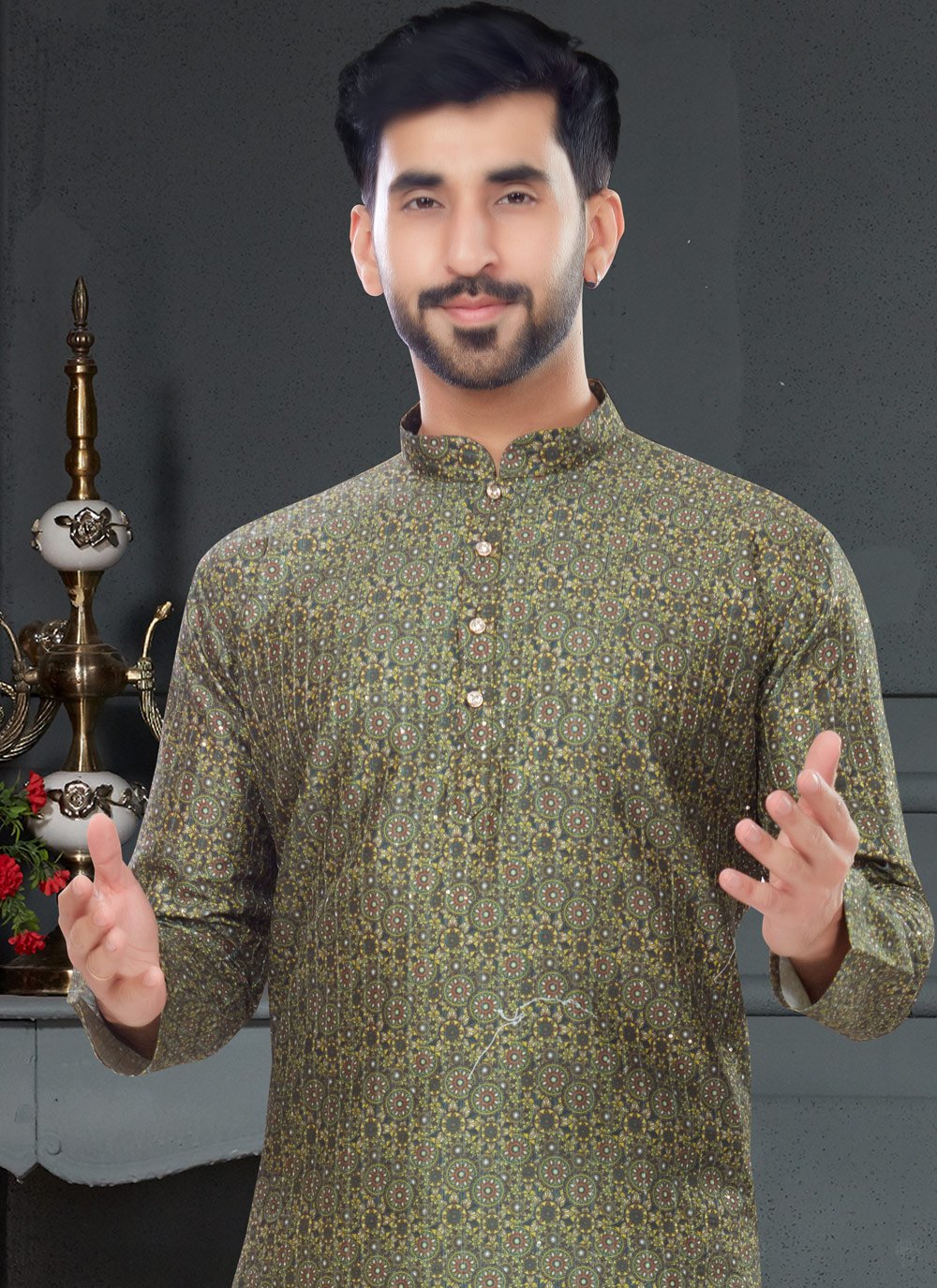 Kurta Pyjama Silk Green Digital Print Mens