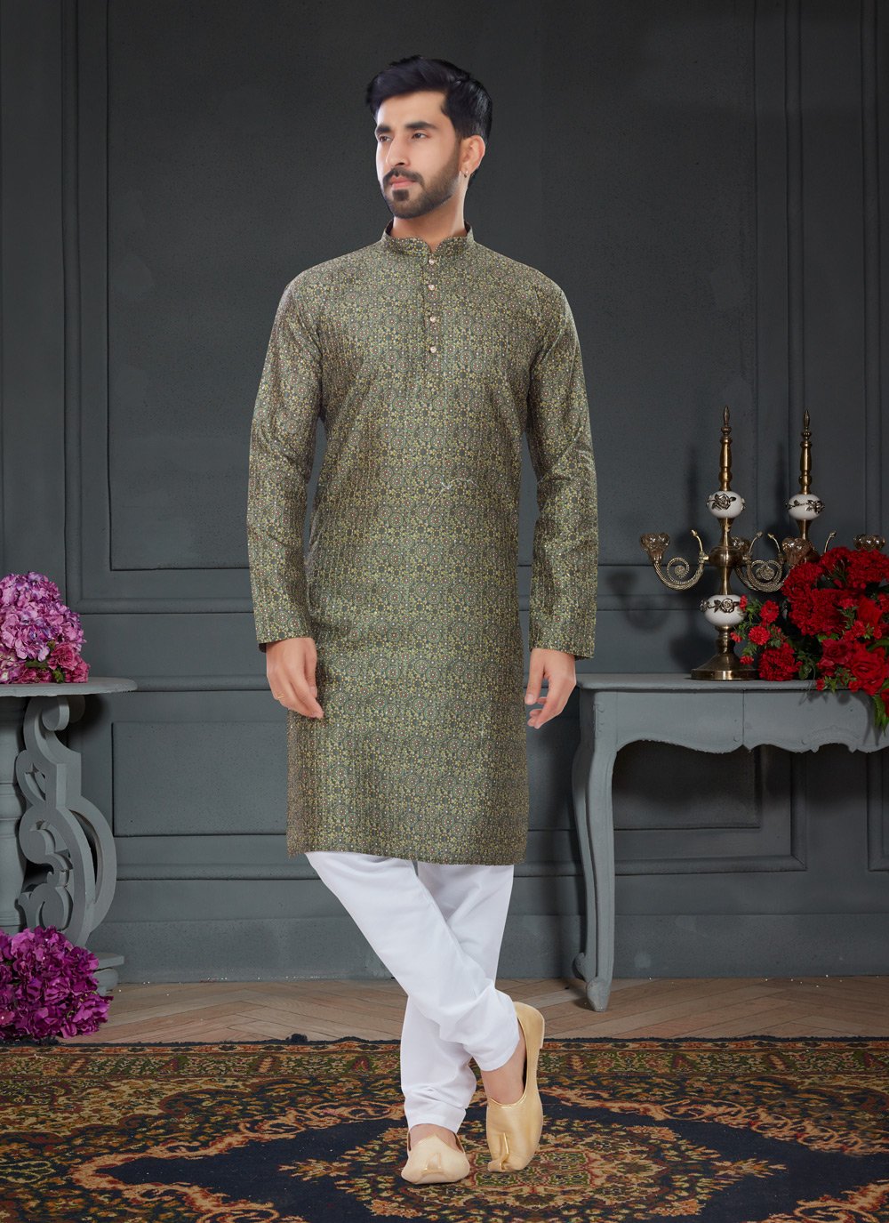 Kurta Pyjama Silk Green Digital Print Mens