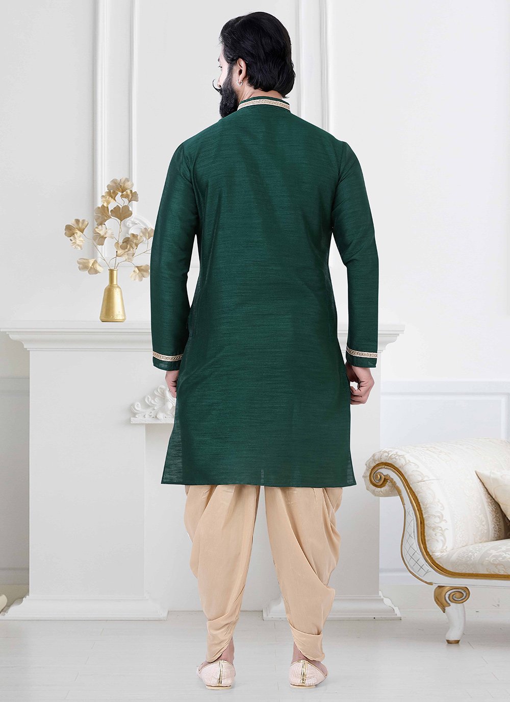 Dhoti Kurta Silk Green Plain Mens