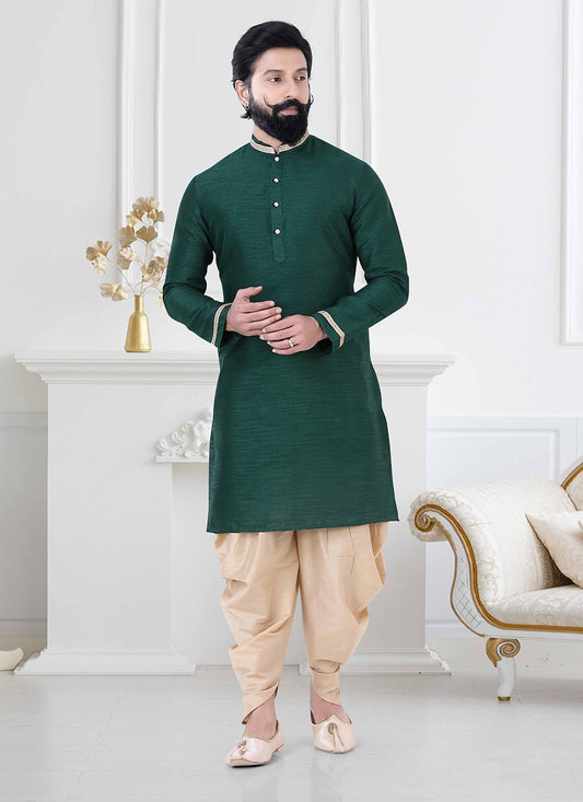 Dhoti Kurta Silk Green Plain Mens