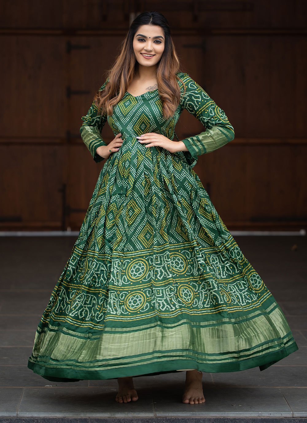 Gown Silk Green Bandhej Gown