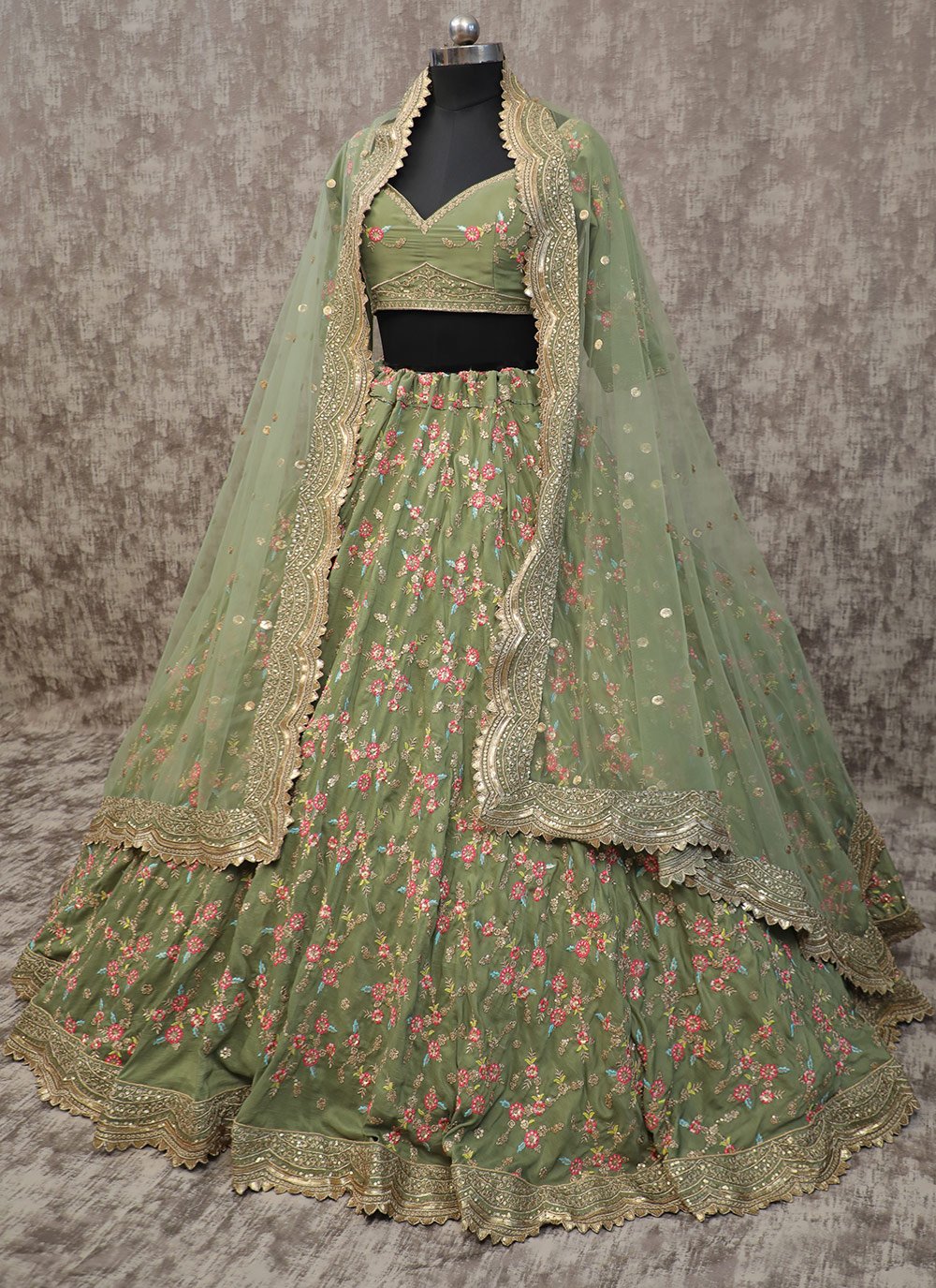 A Line Lehenga Silk Green Embroidered Lehenga Choli