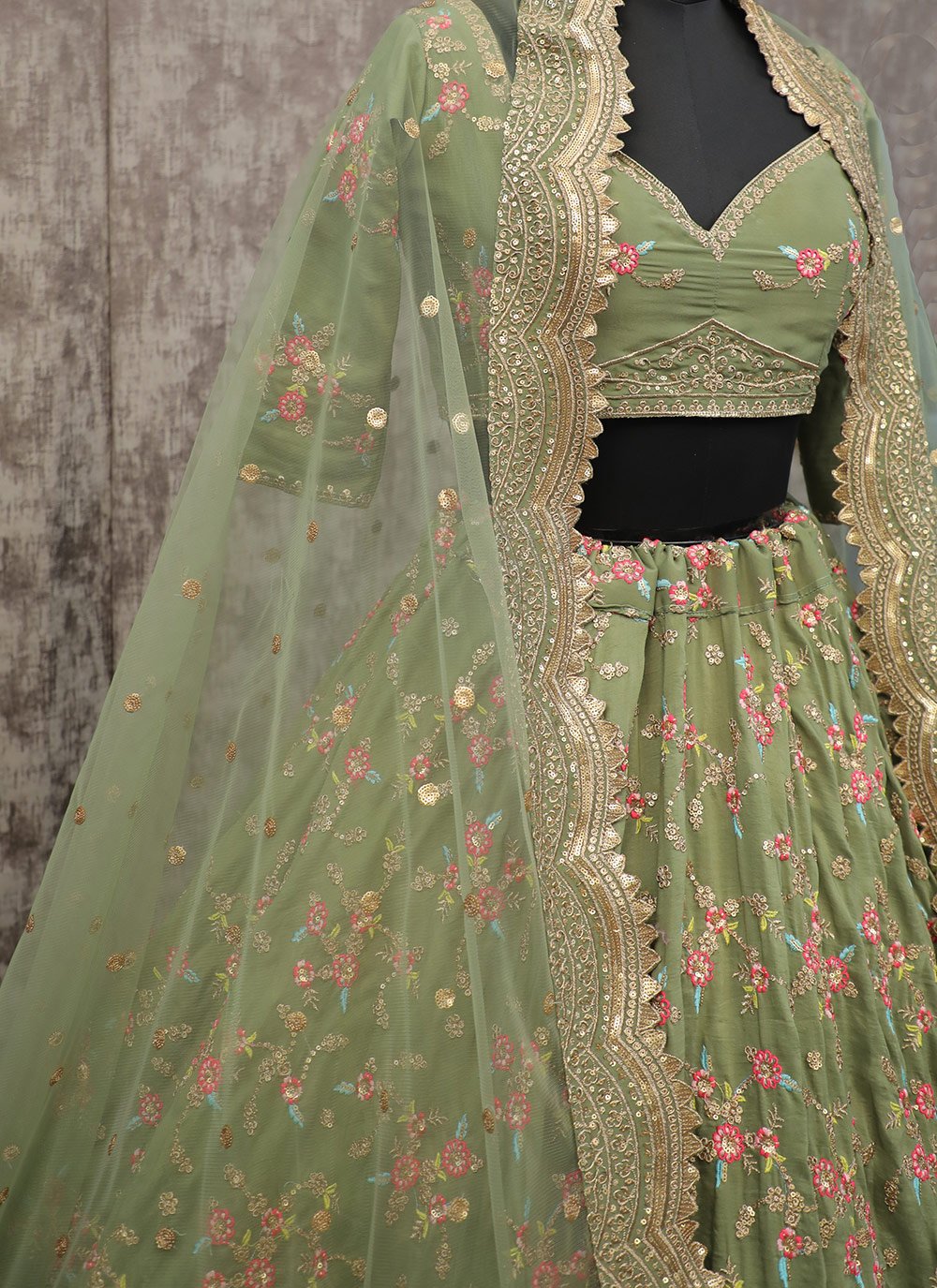 A Line Lehenga Silk Green Embroidered Lehenga Choli