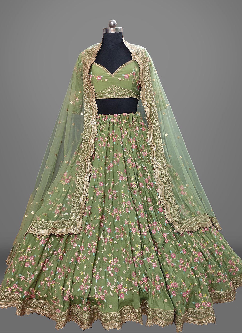 A Line Lehenga Silk Green Embroidered Lehenga Choli