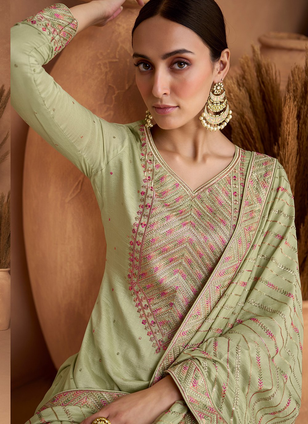 Salwar Suit Silk Green Embroidered Salwar Kameez