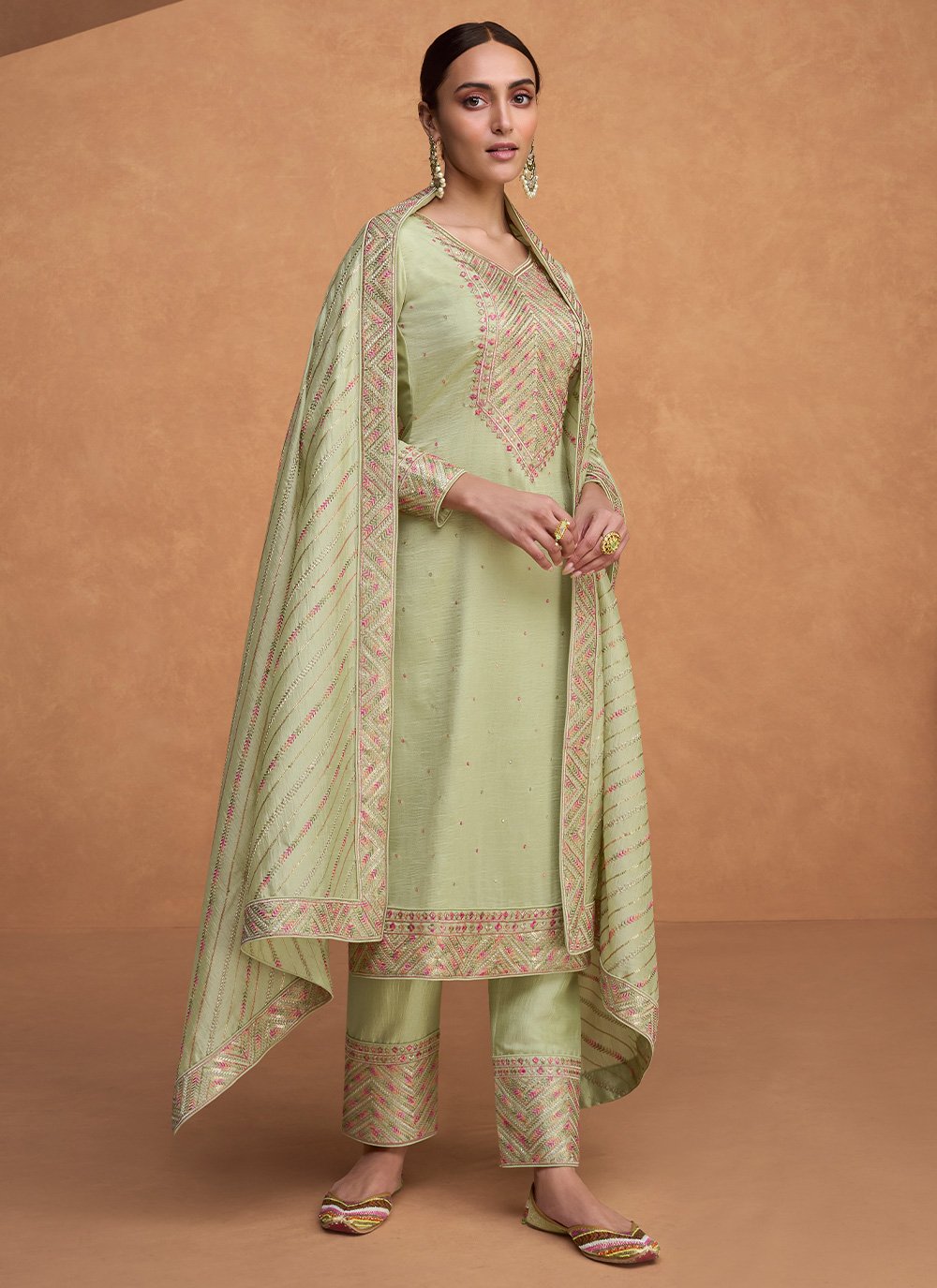 Salwar Suit Silk Green Embroidered Salwar Kameez