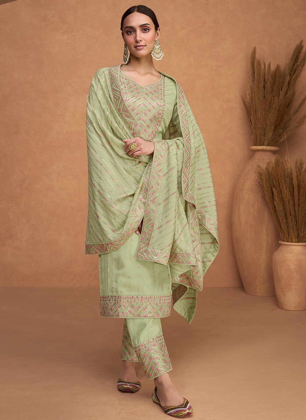 Salwar Suit Silk Green Embroidered Salwar Kameez