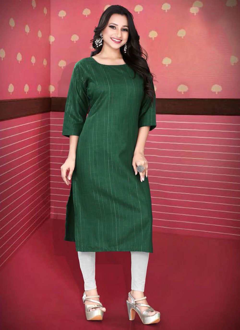 Designer Kurti Cotton Green Strips Print Kurtis