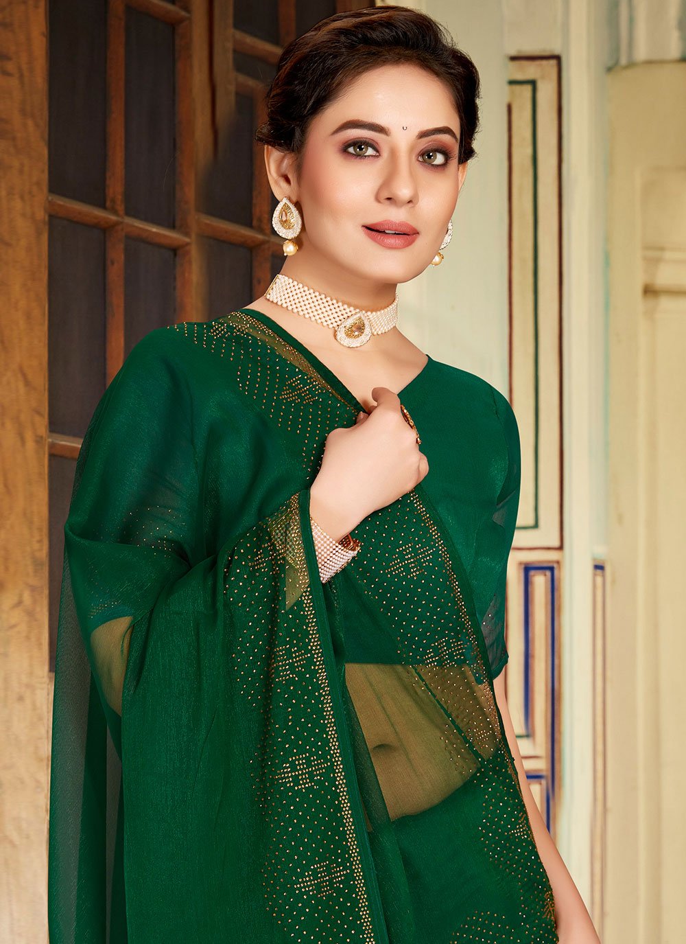 Contemporary Chiffon Green Stone Saree