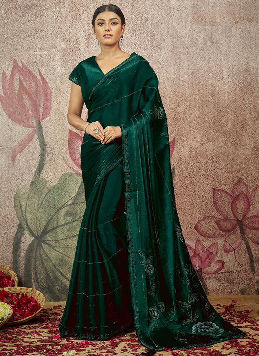 Contemporary Satin Silk Green Embroidered Saree