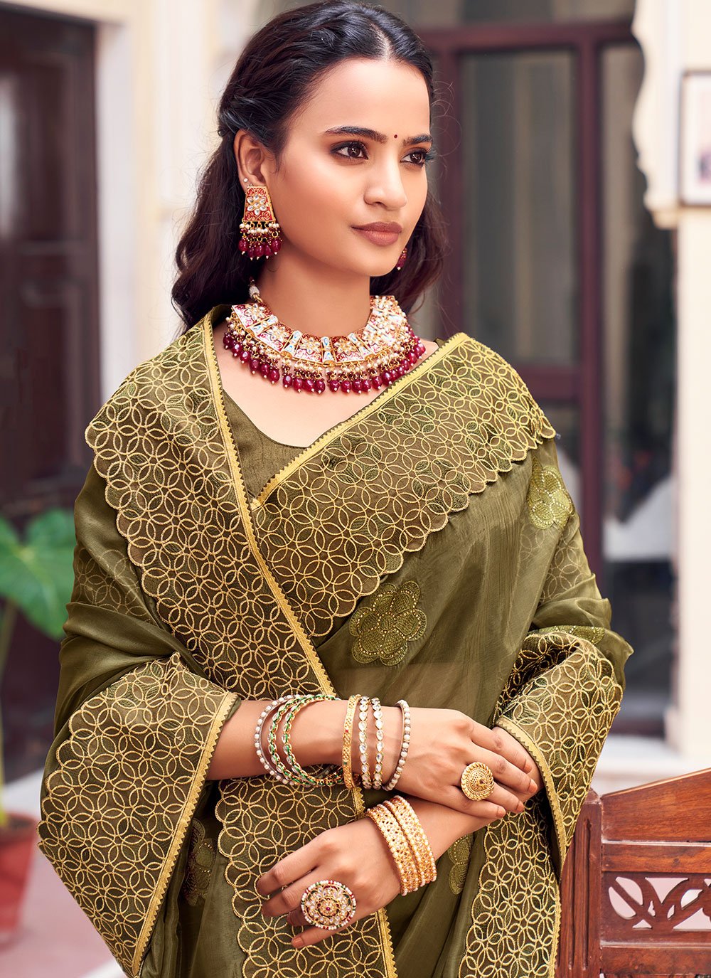 Classic Georgette Green Patch Border Saree