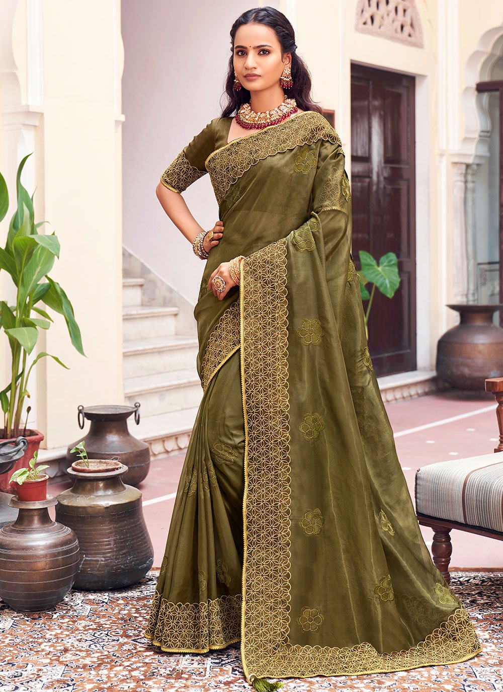 Classic Georgette Green Patch Border Saree